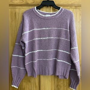 CAbi Purple and White Crew Neck Sweater